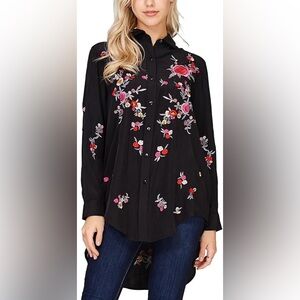 ZARA Floral Embroidered Black Button Down Hi Low Mexican Spanish Inspired M